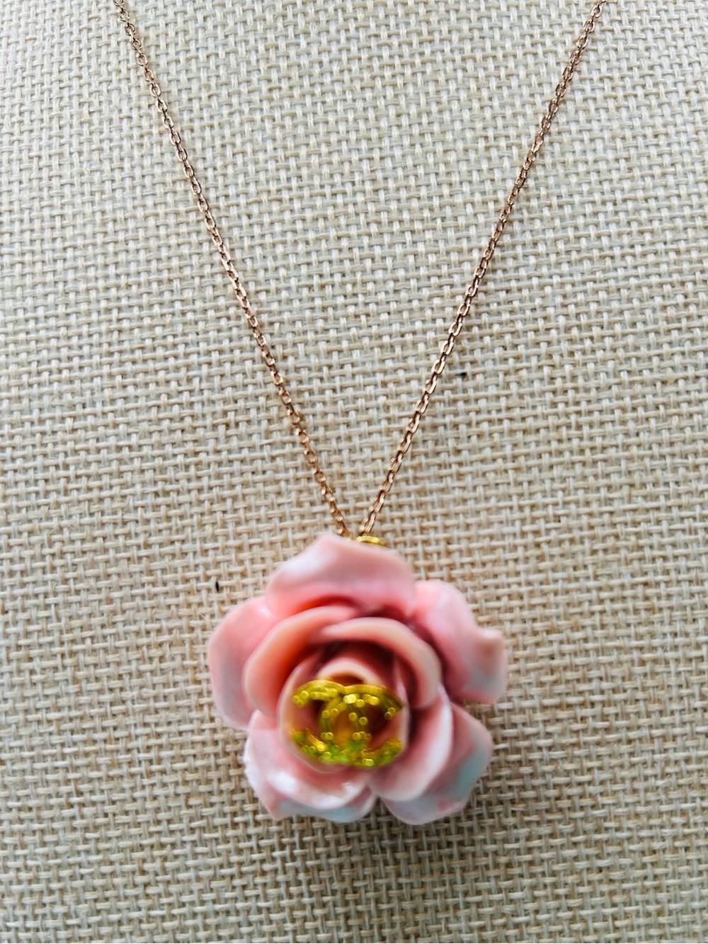 Chanel Pink & Gold Rose Charm on a Rose Gold 18” Chain Necklace New